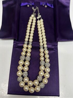 Classic Double-Strand Faux Pearl Necklace with Crystal Accent - Cream